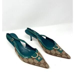 Gucci Vintage GG Monogram Sling Back Pointed Toe Pump Kitten Heel size 7